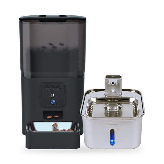 Feed Pro zwart + Aqua Pro RVS drinkfontein bundel