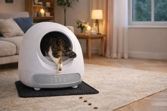 Kat stapt in automatische kattenbak