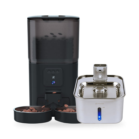 Feed Pro Dual zwart + Aqua Pro RVS drinkfontein bundel